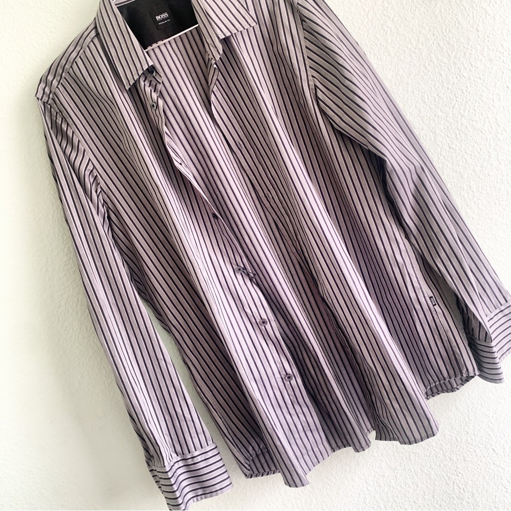 HUGO BOSS mens button up down long sleeve shirt top Large stripes cotton NWT